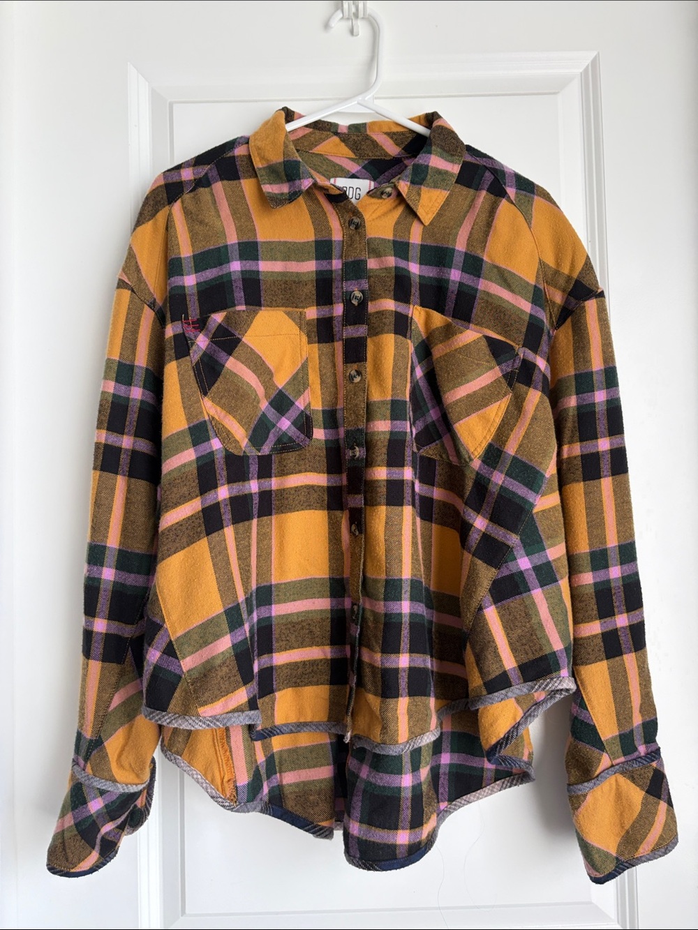 BDG Mustard Plaid Button-Down Shirt with Pink & Black Accents